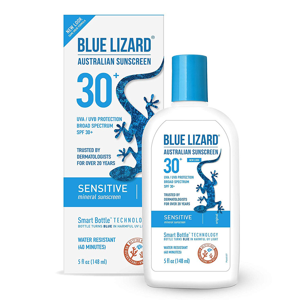 Botella y paquete de protector solar australiano Blue Lizard - un buen candidato a base de óxido de zinc para pieles propensas a la dermatitis seborreica