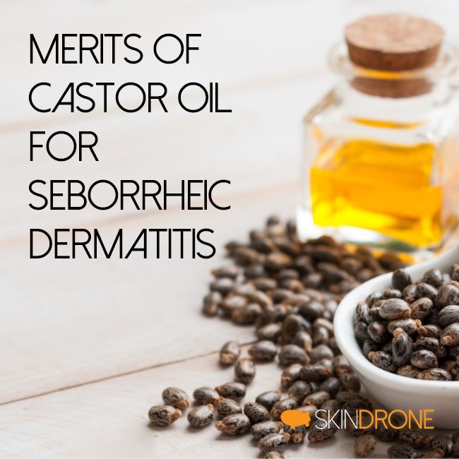 Cover image for the article reviewing the merits of castor oil in the treatment of seborrheic dermatitis - title text overlaying a background that features a spoonful of dried castor beans position beside a small square bottle of oil