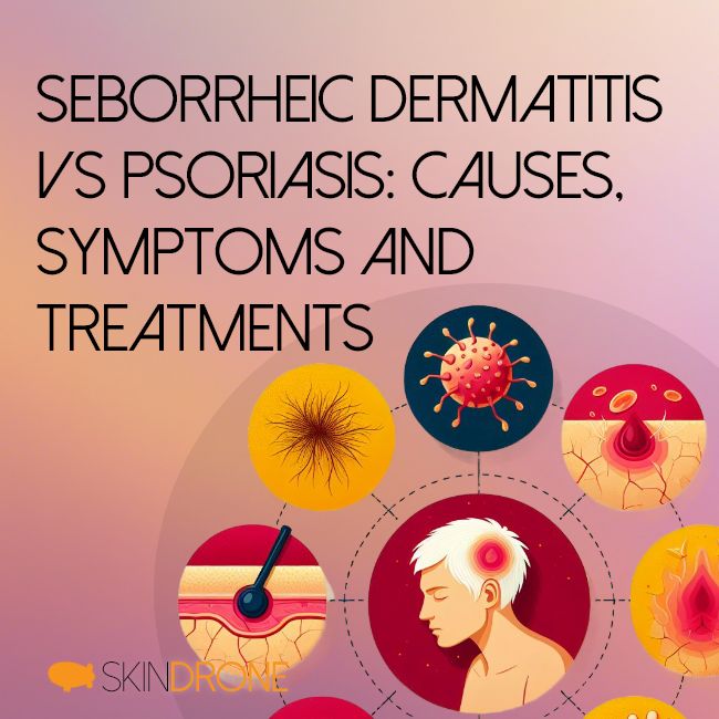 An illustration diagram depicting the primary symptoms of seborrheic dermatitis and psoriasis in the bottom right corner. The article title Seborrheic Dermatitis vs Psoriasis: Causes, Symptoms and Treatments appears in the top left corner.